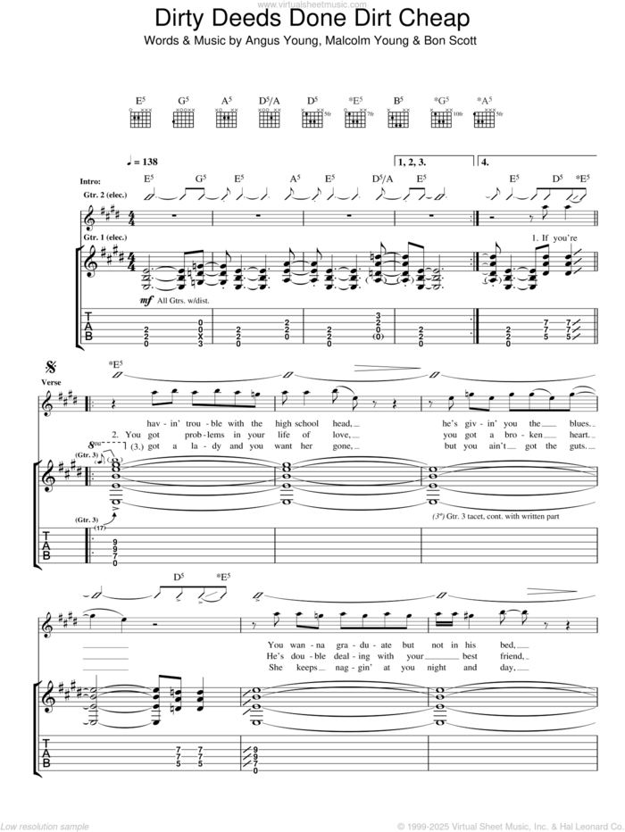 Dirty Deeds Done Dirt Cheap sheet music for guitar (tablature) by AC/DC, Angus Young, Bon Scott and Malcolm Young, intermediate skill level