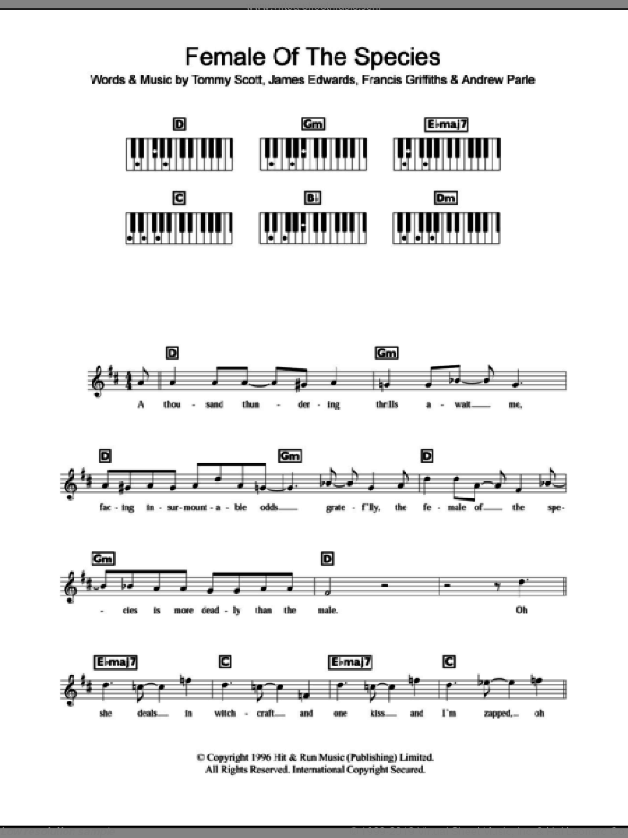 Female Of The Species sheet music for piano solo (chords, lyrics, melody) , Andrew Parle, Francis Griffiths, James Edwards and Tommy Scott, intermediate piano (chords, lyrics, melody)