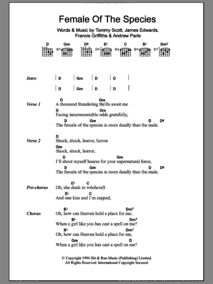 Female Of The Species sheet music for guitar (chords) , Andrew Parle, Francis Griffiths, James Edwards and Tommy Scott, intermediate skill level