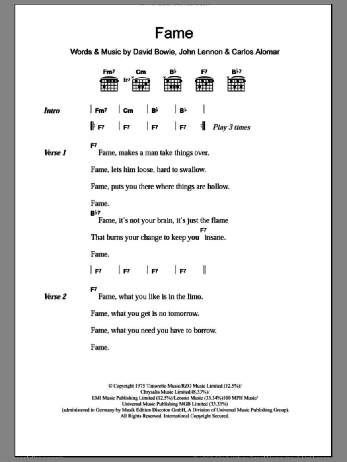 Fame sheet music for guitar (chords) by David Bowie, Carlos Alomar and John Lennon, intermediate skill level