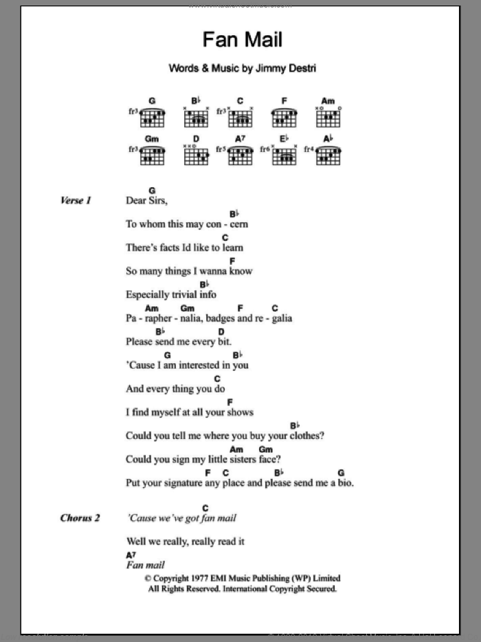 Fan Mail sheet music for guitar (chords) by Blondie and Jimmy Destri, intermediate skill level