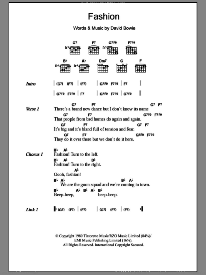 Fashion sheet music for guitar (chords) by David Bowie, intermediate skill level