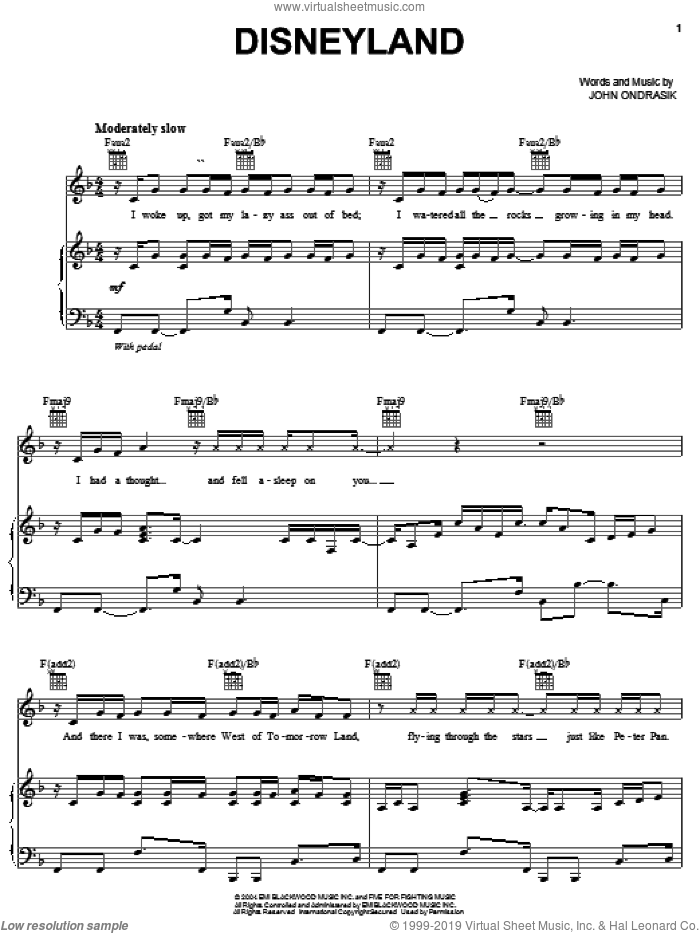 Disneyland sheet music for voice, piano or guitar by Five For Fighting and John Ondrasik, intermediate skill level