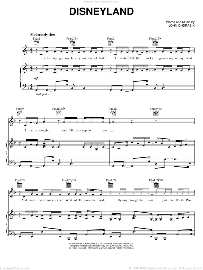 Disneyland sheet music for voice, piano or guitar by Five For Fighting and John Ondrasik, intermediate skill level