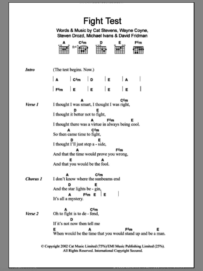 Fight Test sheet music for guitar (chords) by The Flaming Lips, Cat Stevens, David Fridman, Michael Ivans, Steven Drozd and Wayne Coyne, intermediate skill level
