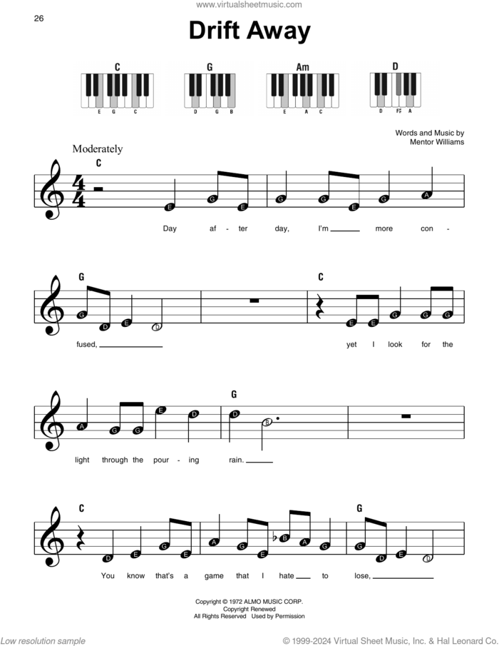 Drift Away sheet music for piano solo by Dobie Gray and Mentor Williams, beginner skill level