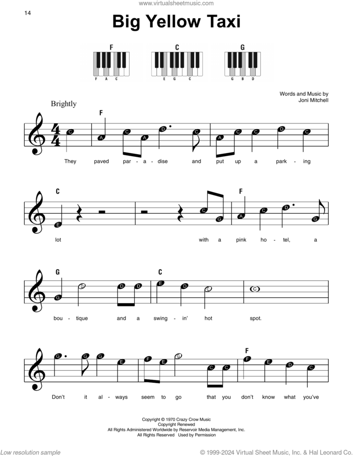 Big Yellow Taxi sheet music for piano solo by Joni Mitchell, beginner skill level