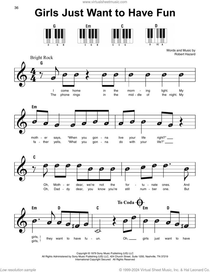 Girls Just Want To Have Fun sheet music for piano solo by Cyndi Lauper and Robert Hazard, beginner skill level