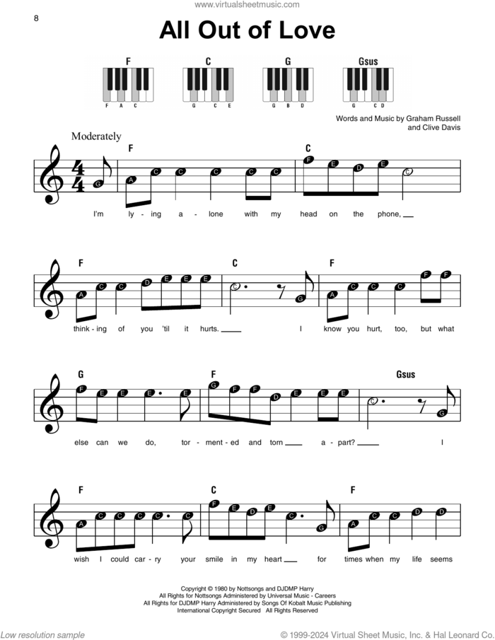 All Out Of Love, (beginner) sheet music for piano solo by Air Supply, Clive Davis and Graham Russell, beginner skill level