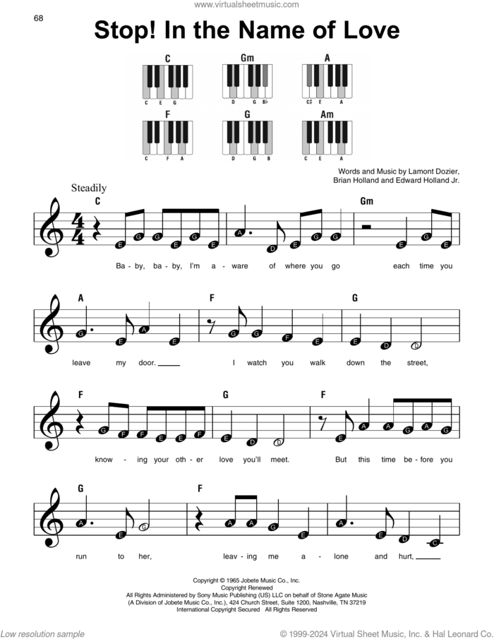 Stop! In The Name Of Love, (beginner) sheet music for piano solo by The Supremes, Brian Holland, Edward Holland Jr. and Lamont Dozier, beginner skill level