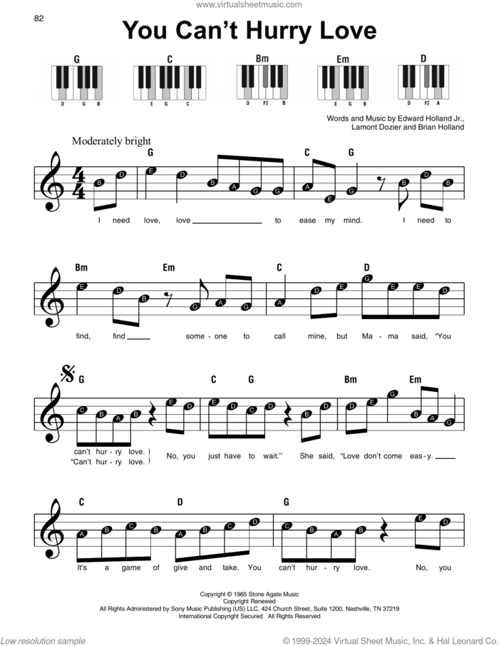 You Can't Hurry Love sheet music for piano solo by The Supremes, Brian Holland, Edward Holland Jr. and Lamont Dozier, beginner skill level