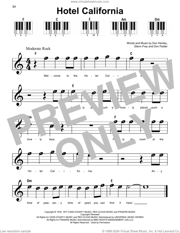 Hotel California sheet music for piano solo by Don Henley, The Eagles, Don Felder and Glenn Frey, beginner skill level