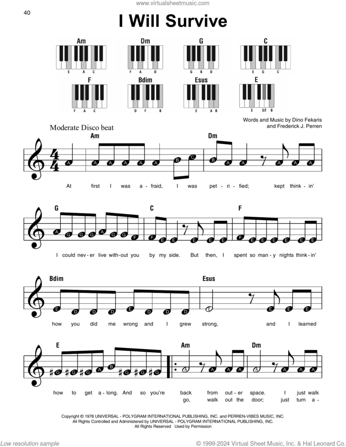 I Will Survive sheet music for piano solo by Gloria Gaynor, Dino Fekaris, Frederick Perren and Kara DioGuardi, beginner skill level