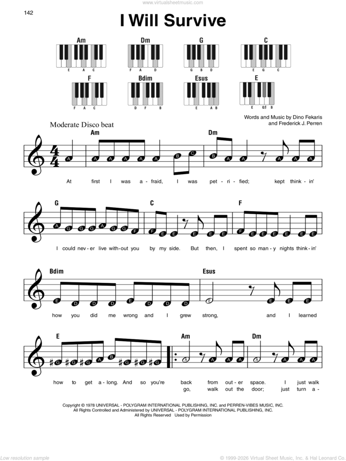 I Will Survive sheet music for piano solo by Gloria Gaynor, Dino Fekaris, Frederick Perren and Kara DioGuardi, beginner skill level