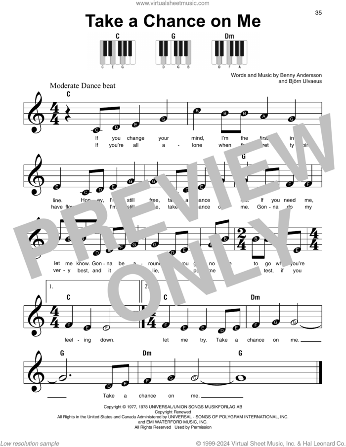 Take A Chance On Me (from Mamma Mia!) sheet music for piano solo by ABBA, Benny Andersson and Bjorn Ulvaeus, beginner skill level