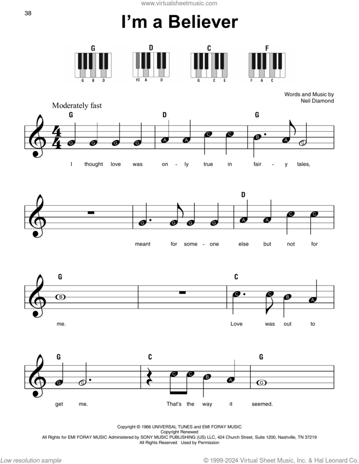 I'm A Believer sheet music for piano solo by The Monkees and Neil Diamond, beginner skill level