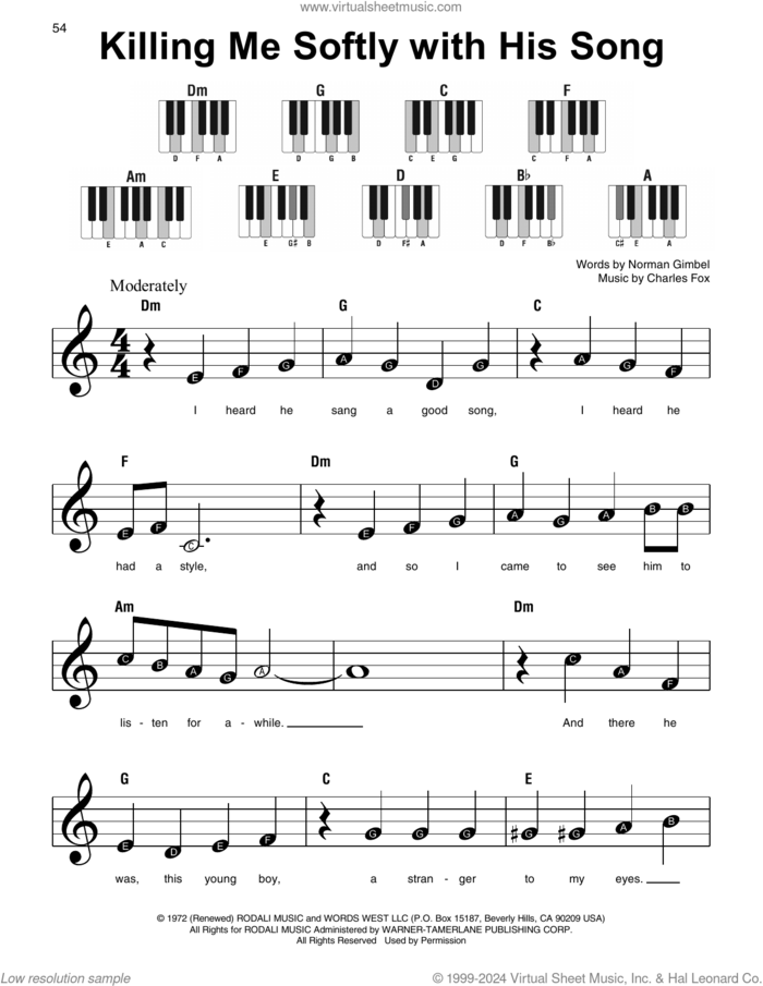 Killing Me Softly With His Song, (beginner) sheet music for piano solo by Roberta Flack, Charles Fox and Norman Gimbel, beginner skill level