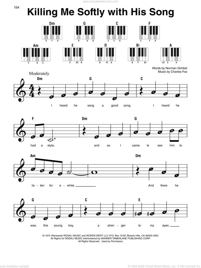 Killing Me Softly With His Song, (beginner) sheet music for piano solo by Roberta Flack, Charles Fox and Norman Gimbel, beginner skill level