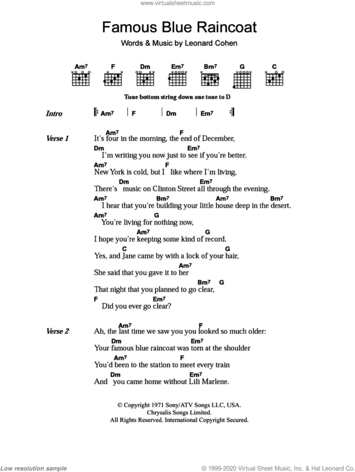 Famous Blue Raincoat sheet music for guitar (chords) by Leonard Cohen, intermediate skill level
