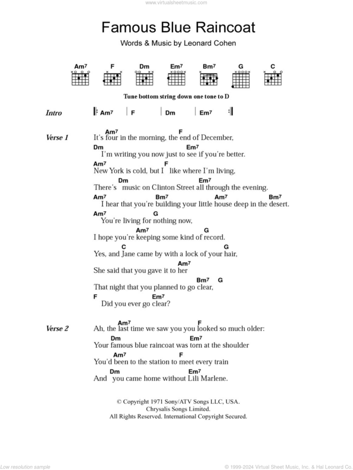 Famous Blue Raincoat sheet music for guitar (chords) by Leonard Cohen, intermediate skill level