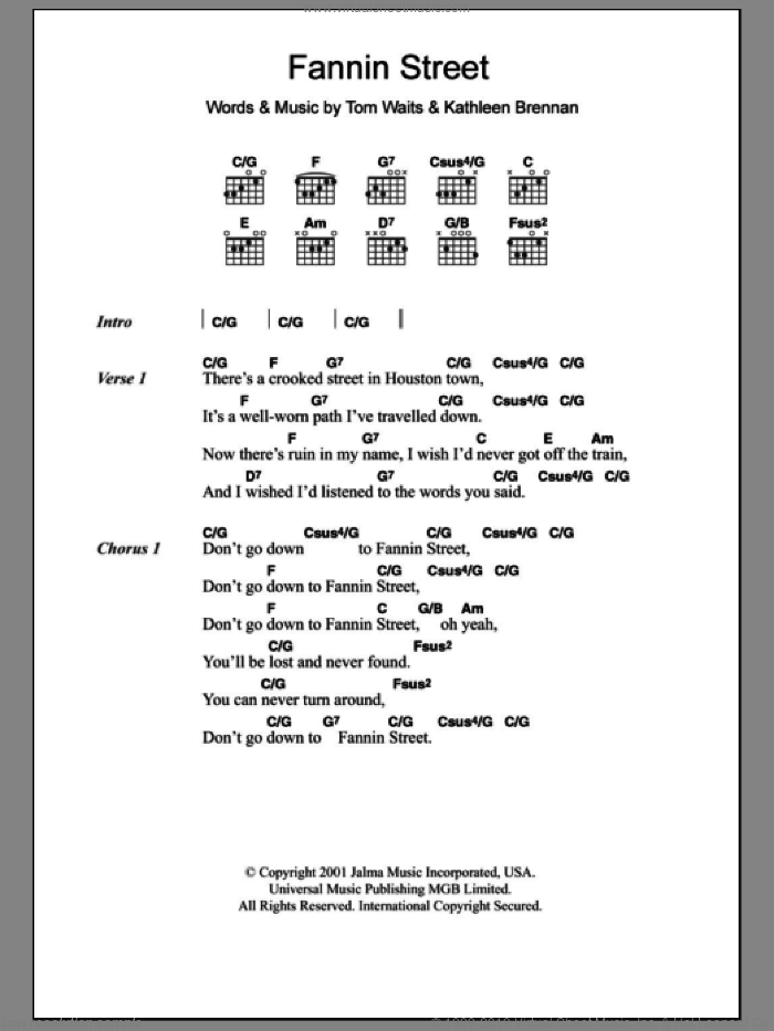 Fannin Street sheet music for guitar (chords) by Tom Waits and Kathleen Brennan, intermediate skill level
