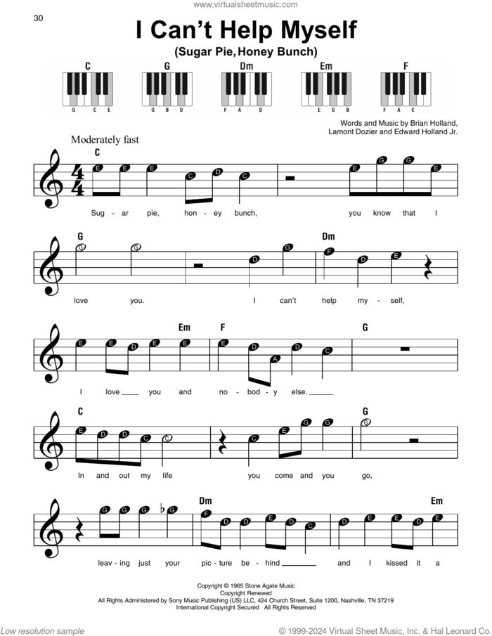 I Can't Help Myself (Sugar Pie, Honey Bunch) sheet music for piano solo by The Four Tops, Brian Holland, Edward Holland Jr. and Lamont Dozier, beginner skill level