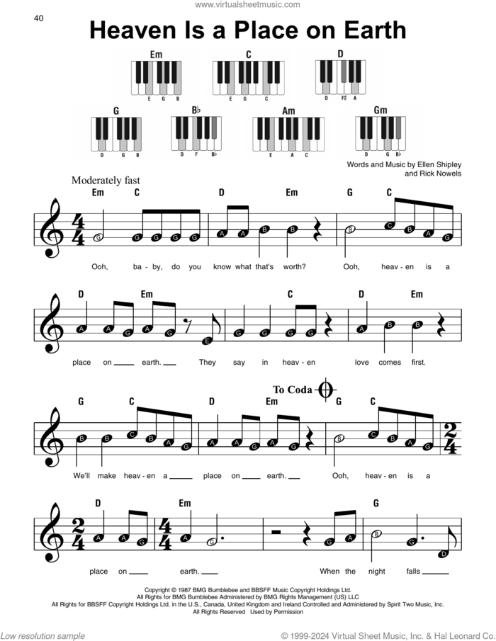 Heaven Is A Place On Earth sheet music for piano solo by Belinda Carlisle, Ellen Shipley and Rick Nowels, beginner skill level