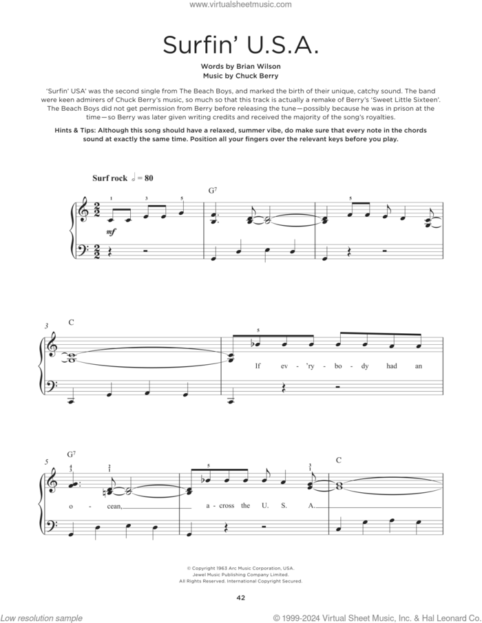 Surfin' U.S.A. sheet music for piano solo by The Beach Boys and Chuck Berry, beginner skill level