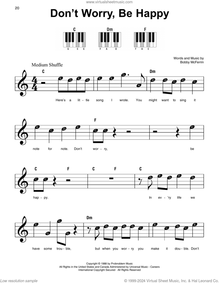 Don't Worry, Be Happy sheet music for piano solo by Bobby McFerrin, beginner skill level