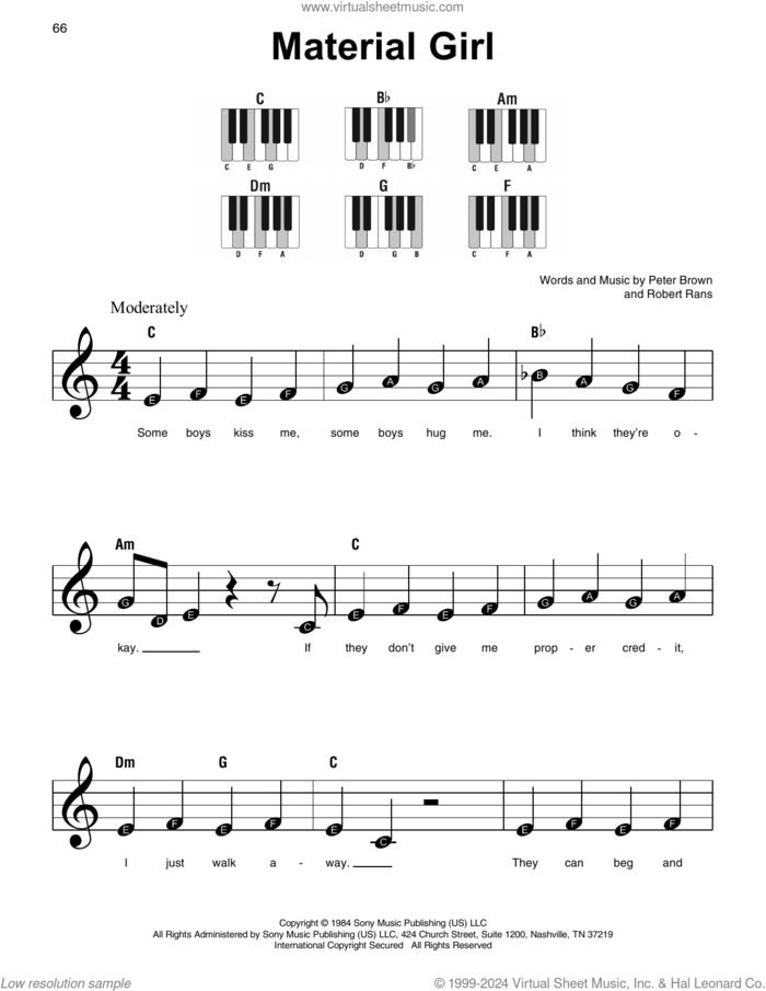 Material Girl sheet music for piano solo by Madonna, Pete Brown and Robert Rans, beginner skill level