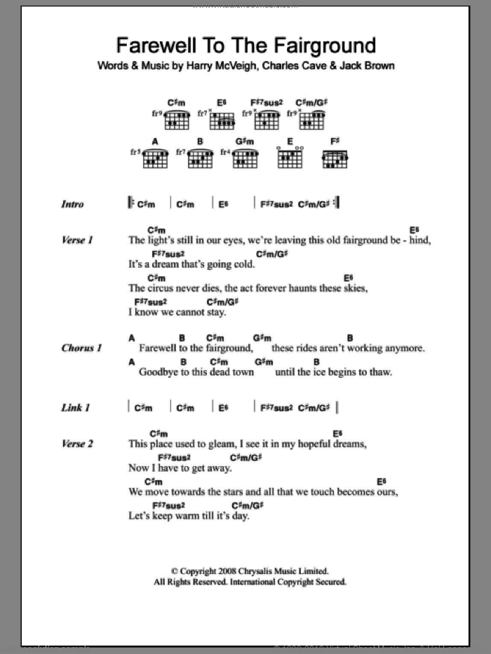 Farewell To The Fairground sheet music for guitar (chords) by White Lies, Charles Cave, Harry McVeigh and Jack Brown, intermediate skill level