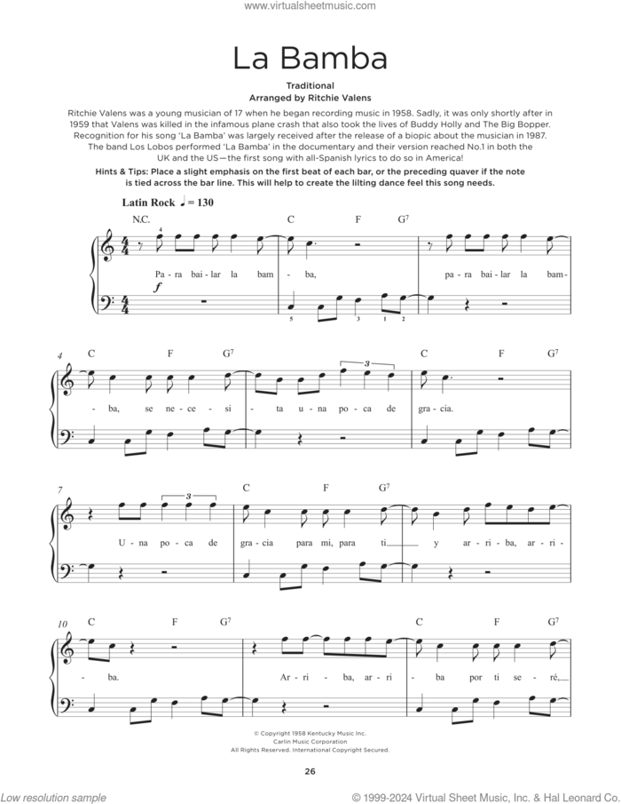 La Bamba sheet music for piano solo by Ritchie Valens, beginner skill level