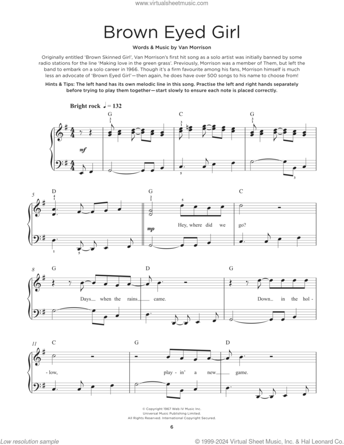 Brown Eyed Girl sheet music for piano solo by Van Morrison, beginner skill level