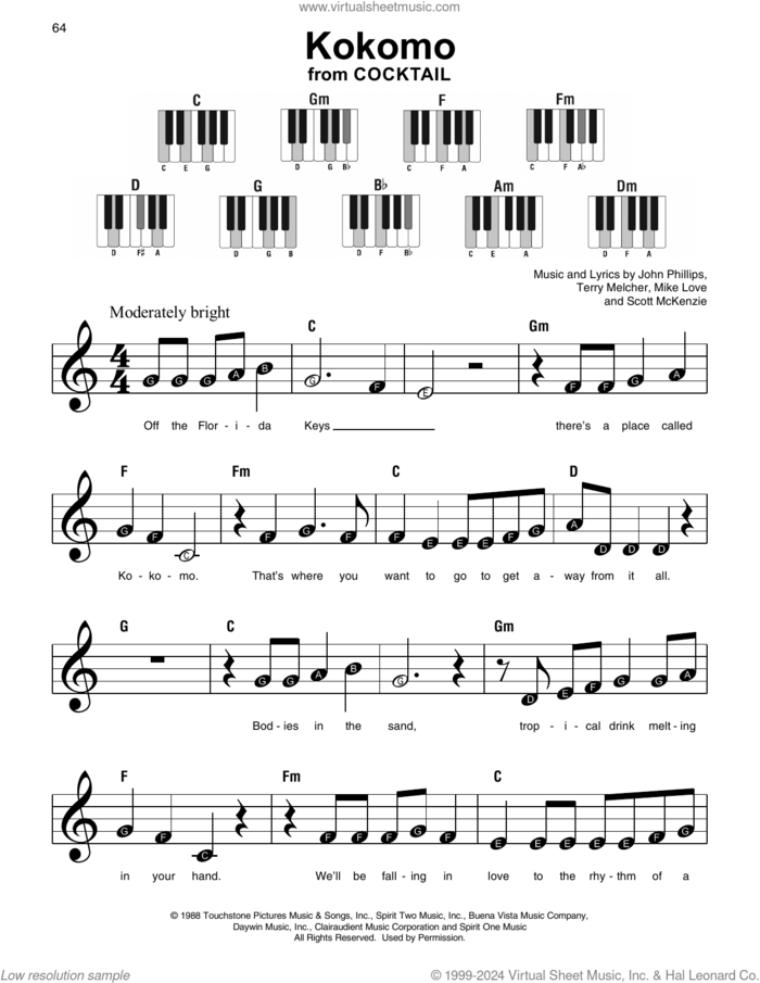 Kokomo, (beginner) sheet music for piano solo by The Beach Boys, John Phillips, Mike Love, Scott McKenzie and Terry Melcher, beginner skill level