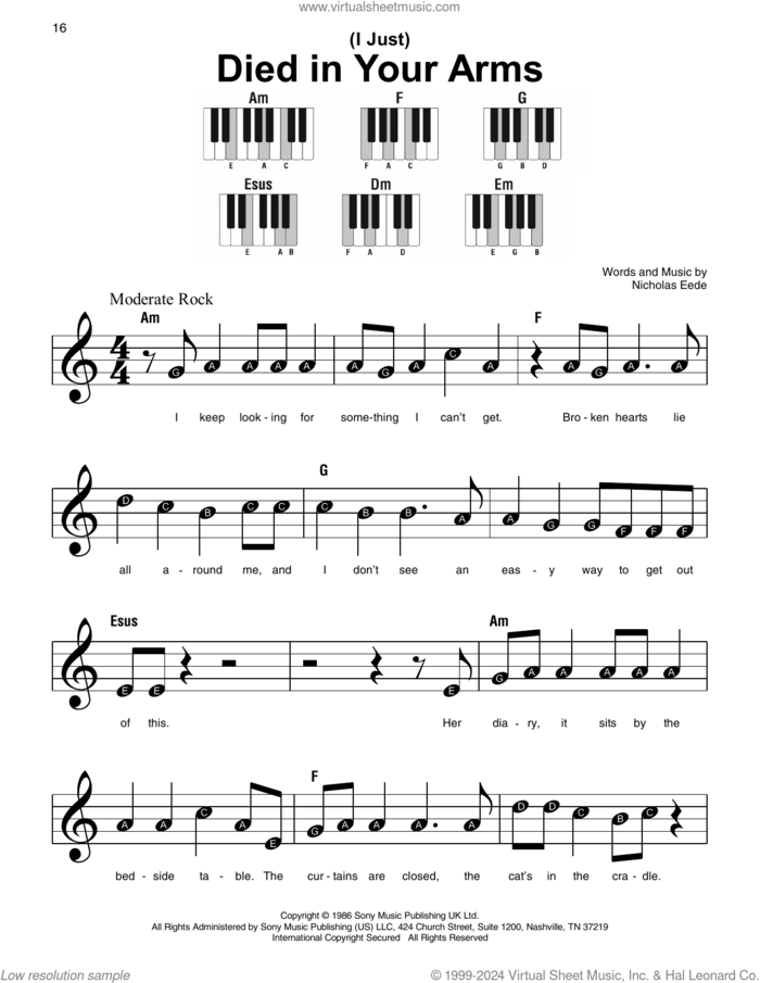 (I Just) Died In Your Arms sheet music for piano solo by Cutting Crew and Nick van Eede, beginner skill level