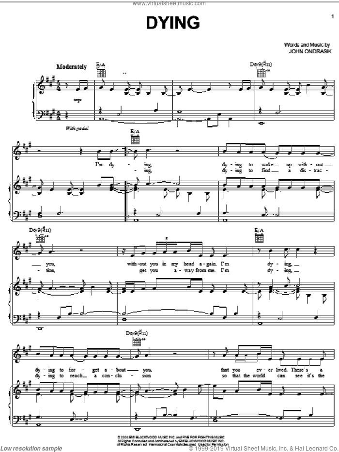 Dying sheet music for voice, piano or guitar by Five For Fighting and John Ondrasik, intermediate skill level