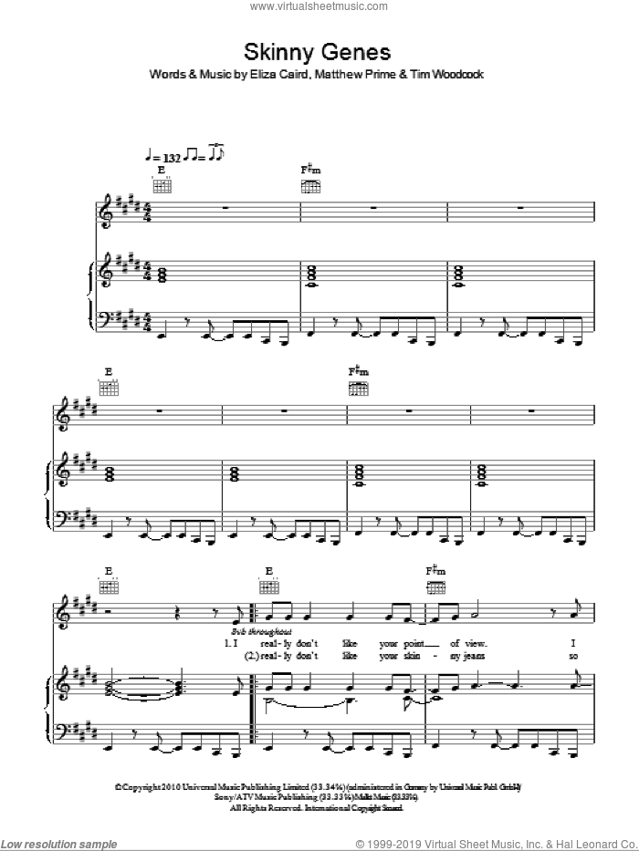 Skinny Genes sheet music for voice, piano or guitar by Eliza Doolittle, Eliza Caird, Matthew Prime and Tim Woodcock, intermediate skill level