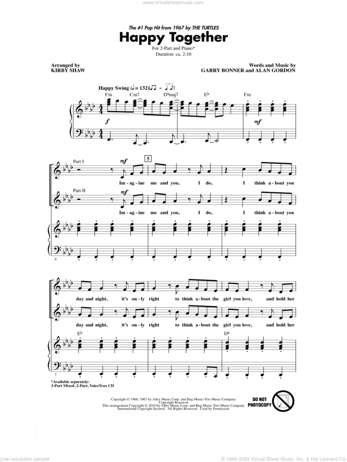 Happy Together sheet music for choir (2-Part) by Kirby Shaw, Alan Gordon, Garry Bonner, Garry Bonner, Alan Gordon and The Turtles, intermediate duet