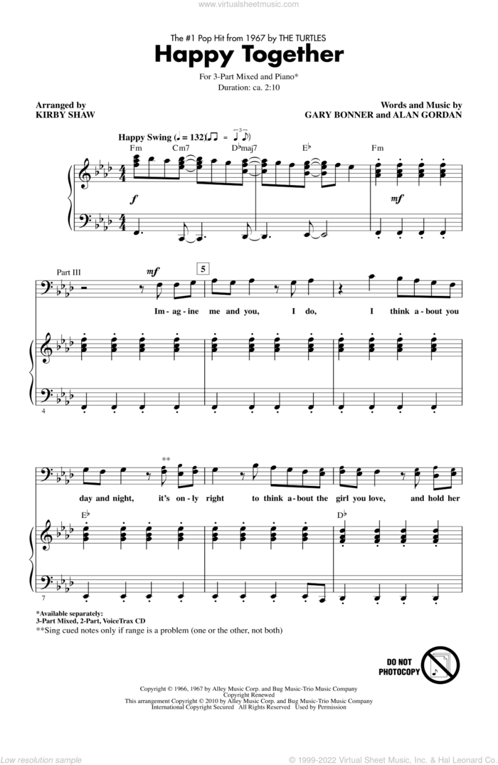 Happy Together sheet music for choir (3-Part Mixed) by Kirby Shaw, Alan Gordon, Garry Bonner and The Turtles, intermediate skill level