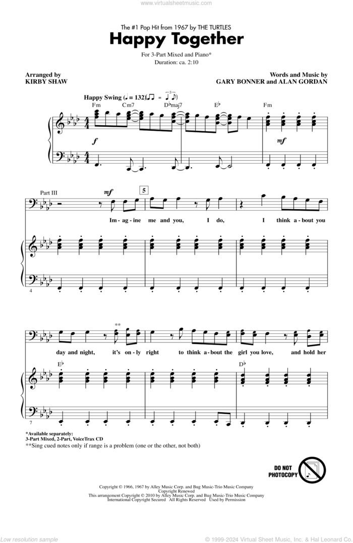 Happy Together sheet music for choir (3-Part Mixed) by Kirby Shaw, Alan Gordon, Garry Bonner and The Turtles, intermediate skill level