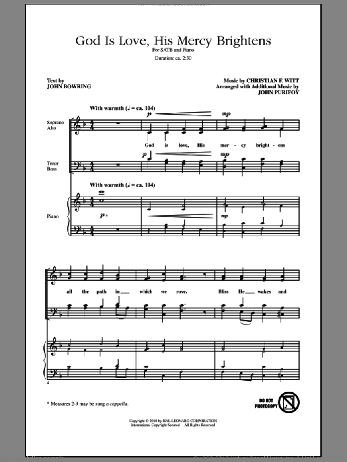 God Is Love, His Mercy Brightens sheet music for choir (SATB: soprano, alto, tenor, bass) by John Purifoy, intermediate skill level