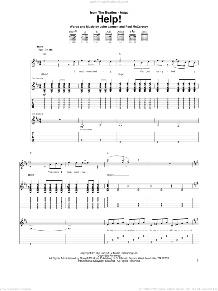 Help! sheet music for guitar (tablature) by The Beatles, John Lennon and Paul McCartney, intermediate skill level