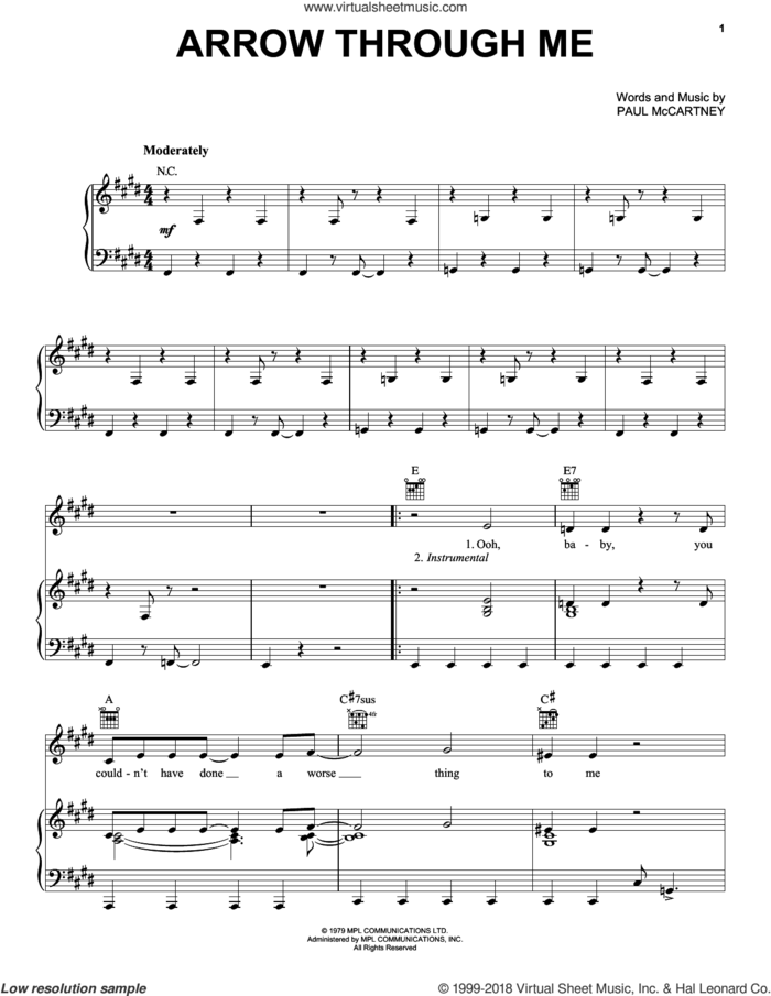 Arrow Through Me sheet music for voice, piano or guitar by Paul McCartney and Paul McCartney and Wings, intermediate skill level