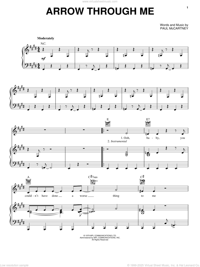 Arrow Through Me sheet music for voice, piano or guitar by Paul McCartney and Paul McCartney and Wings, intermediate skill level