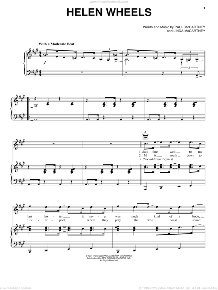 Helen Wheels sheet music for voice, piano or guitar by Paul McCartney, Paul McCartney and Wings and Linda McCartney, intermediate skill level