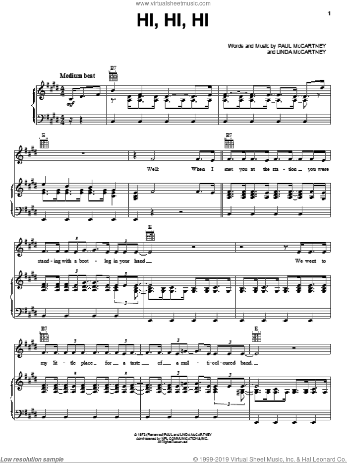 Hi, Hi, Hi sheet music for voice, piano or guitar by Paul McCartney and Linda McCartney, intermediate skill level