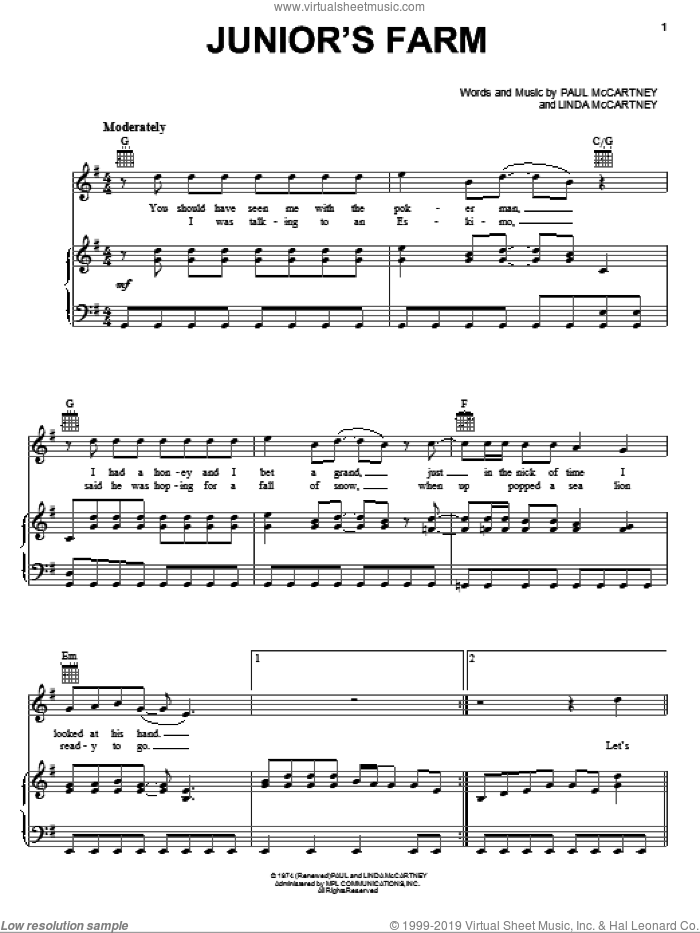 Junior's Farm sheet music for voice, piano or guitar by Paul McCartney, Paul McCartney and Wings and Linda McCartney, intermediate skill level