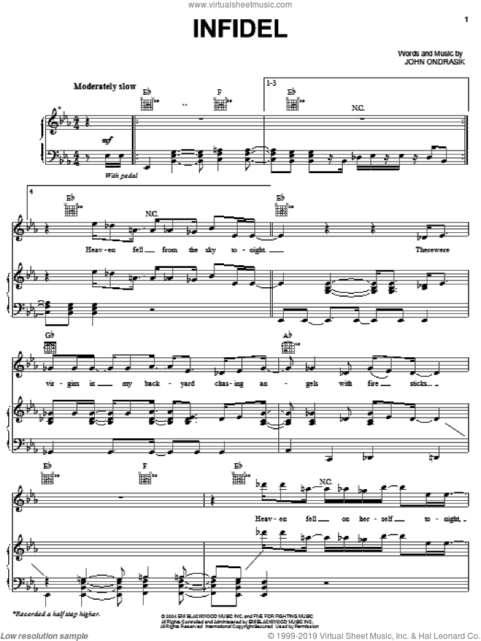 Infidel sheet music for voice, piano or guitar by Five For Fighting and John Ondrasik, intermediate skill level