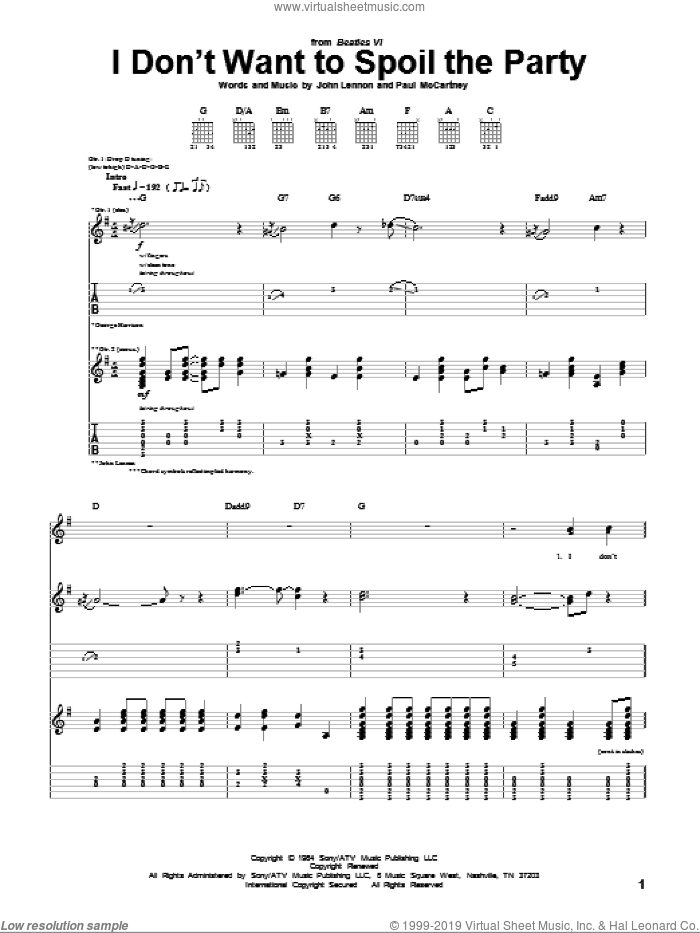 I Don't Want To Spoil The Party sheet music for guitar (tablature) by The Beatles, John Lennon and Paul McCartney, intermediate skill level