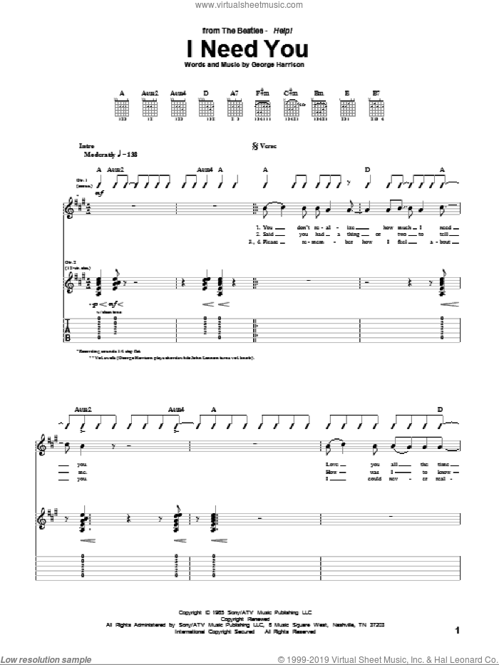 I Need You sheet music for guitar (tablature) by The Beatles and George Harrison, intermediate skill level